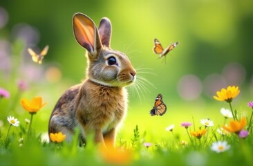 Obraz premium Cute rabbit in flower field with butterflies on a sunny day