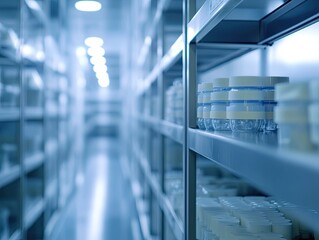 Shelves stocked with product in a modern storage facility with cool lighting