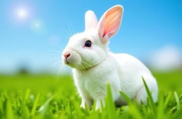 Fototapeta premium Adorable white rabbit in sunny green field