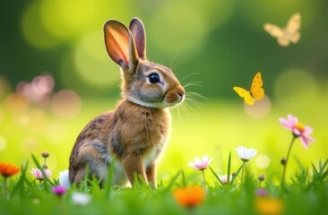 Young rabbit in a vibrant meadow with butterflies and wildflowers