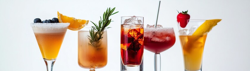 Variety of colorful cocktails with fruits and herbs on a white backdrop.