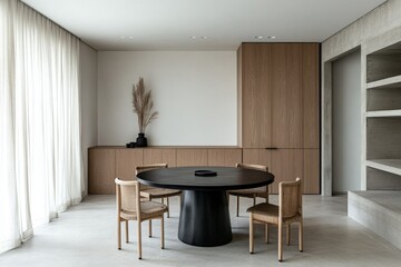 Modern dining room, round table, minimalist design, natural light, serene space, home decor