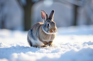 Obraz premium Cute brown rabbit in snowy landscape with soft focus background