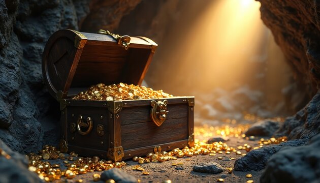 Old wooden treasure chest filled with gold coins, gems in cave. Ancient pirate wealth. Shiny gold coins scattered around box. Fortune, adventure, luxury, secret, finding precious treasures. Discovery