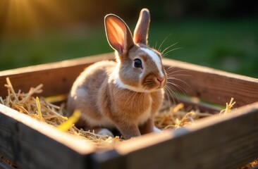 Obraz premium Adorable brown rabbit sitting in wooden box on straw in sunlit garden