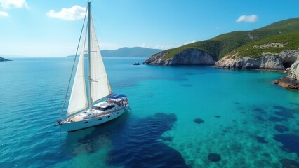 A sailboat anchored in clear turquoise waters near a rocky coastline, perfect for a nautical theme.