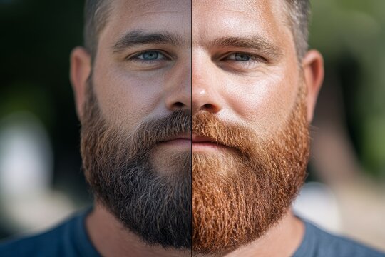 Outdoor portrait of a man with a full beard captured in natural daylight, highlighting facial details from two angles for visual interest and depth