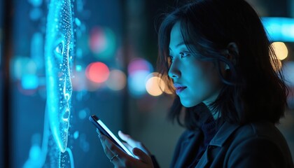 Asian woman uses smartphone in neon night city. Chatting with AI assistant. New mobile technologies for business and entertainment. AI face recognition, neural networks, machine learning.