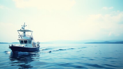 Obraz premium A boat cruises on a calm sea under a clear sky, embodying a nautical theme.