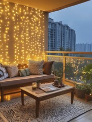 Balcony decorated with string lights with some furniture