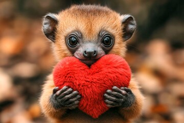 Fototapeta premium Kinkajou - my treasured animal. Ad animal creative. Cute kinkajou baby with fluffy red heart on in a natural habitat. Natureâ€™s most romantic moment. Romantic nature-inspired greeting.