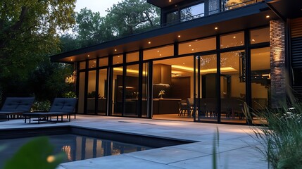 Obraz premium Luxury Home Exterior with Pool and Modern Architecture at Twilight