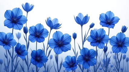 Obraz premium A field of navy blue flowers in full bloom, showcasing their delicate petals and intricate details against a light background.