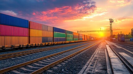 Fototapeta premium Loading containers onto railway cars freight yard industrial process transport environment aerial view logistics operations