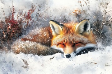 Fototapeta premium Peaceful Fox Resting In Snow