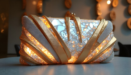 Vintage glamour: reconstructed golden age Hollywood style clutch bag, gold plated hardware, aged leather texture, retro glamour atmosphere, backlit soft light