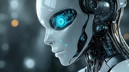 Fototapeta premium Futuristic humanoid robot portrait showcasing advanced technology and artificial intelligence features