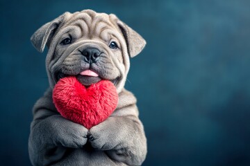 Obraz premium Ad idea. Cute chinese shar-pei canine with fluffy red heart - emblem of love, funny greeting card. Chinese shar-pei - my preferred dog. Valentine's day pet accessories. Valentine's day.