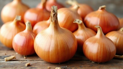 Fototapeta premium A close-up of several fresh onions, showcasing their smooth, golden-brown skins and dried stems, representing the onion family vegetables.