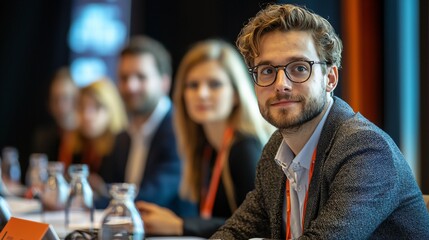 Obraz premium Engaged young man with glasses attending a conference with a focus on business networking and learning