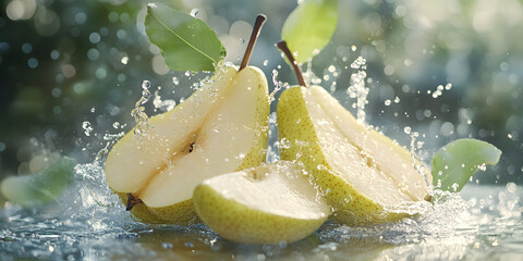 Golden and Green Ripe Pears in Stunning Macro Photography with Water Droplets and Natural Light Enhancing Their Freshness
