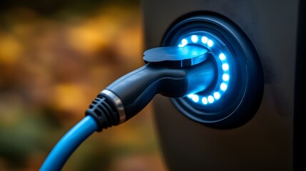 Naklejka premium Sustainable Mobility: EV Charging Cable Connected to a Modern Electric Vehicle.