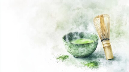 Watercolor of Matcha powder and green tea on background,tea whisk,View from above,The concept of levitation of making matcha green tea,healthy concept.