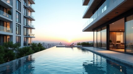 Fototapeta premium Outdoor space for a high rise apartment with an infinity pool overlooking a cityscape at sunset.