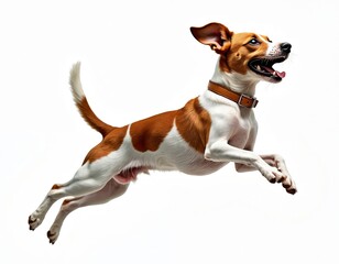 Joyful brown and white dog jumps high with excitement on white background. Playful pet with collar showcases its energy and happy mood in dynamic motion. Isolated small canine full of life, fun.