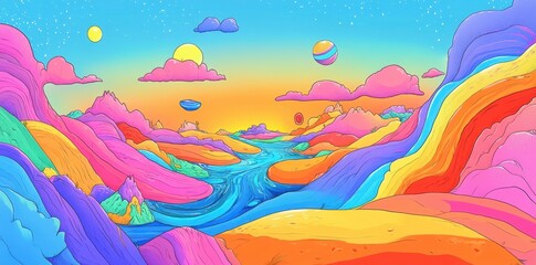 Obraz premium A Colorful Abstract Landscape Depicting Mountains and Flowing Waters