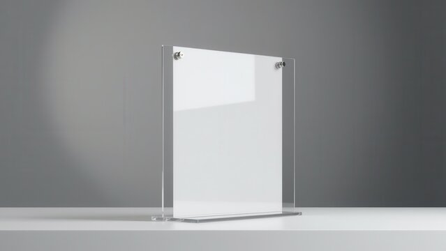 A clear perspex sign holder with a simple, modern design is displayed on a white surface against a gray background.