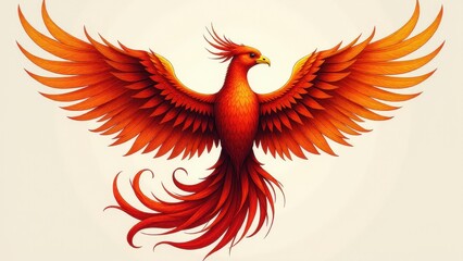 Fototapeta premium A vibrant phønix tattoo design with outstretched wings and flowing tail feathers in shades of red and orange.