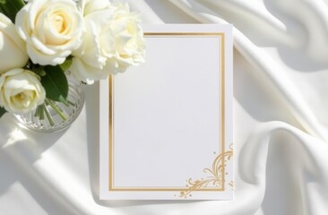 Elegant white and gold invitation card on satin fabric with cream roses