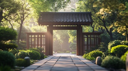 Obraz premium Pathway Through Garden Gate with Lush Greenery and Morning Sunlight