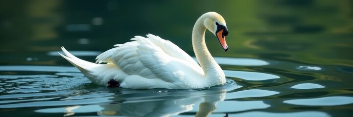 Swan swimming, neck arched, ripples spread behind, graceful, white