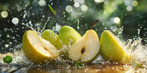 Golden and Green Ripe Pears in Stunning Macro Photography with Water Droplets and Natural Light Enhancing Their Freshness
