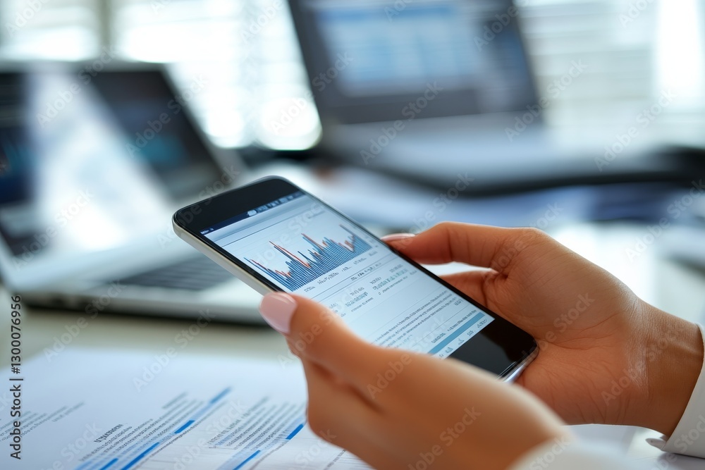 Poster a female hand with neatly trimmed nails holds a smartphone showing stock market graphs in a contempo
