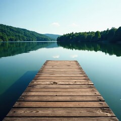 Obraz premium Rustic wooden dock extends over calm lake water, tranquil, plants, solitude