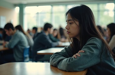 Pensive teenage girl sits alone in crowded high school cafeteria. Sad excluded asian student at table in class. Concept of depression, bullying, youth mental health issue, loneliness, isolation.