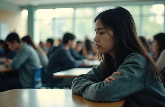 Pensive teenage girl sits alone in crowded high school cafeteria. Sad excluded asian student at table in class. Concept of depression, bullying, youth mental health issue, loneliness, isolation.