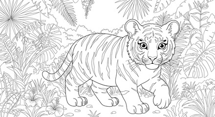 Fototapeta premium Adorable Baby Tiger Cub in Lush Tropical Jungle: A Coloring Page Masterpiece