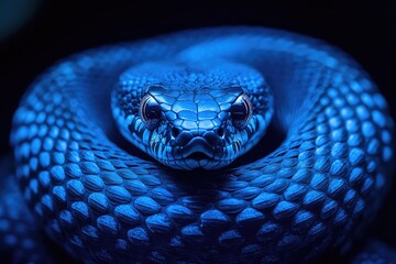 Obraz premium Close-up of a blue snake coiled in a dark environment, showcasing its vibrant scales and intricate patterns