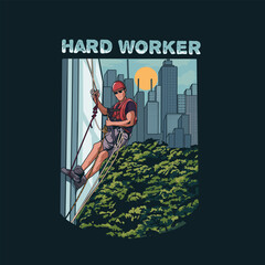 A window cleaner climbs a tall building