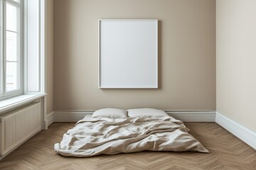 Beige bedroom mockup, poster above bed, parquet floor, sunlit