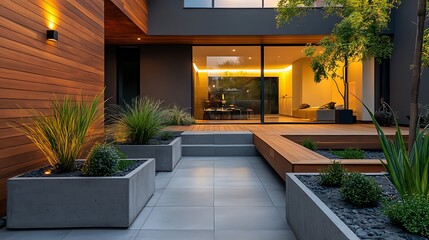 Fototapeta premium Walking Along Modern Stone Patio with Planters and Wooden Deck