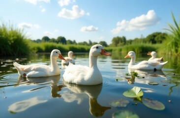 Obraz premium White ducks swimming in serene pond on a sunny day with blue skies and lush greenery