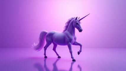 Obraz premium A majestic purple unicorn stands gracefully on a reflective surface with a vibrant purple background.