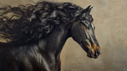 A dramatic portrait of a black Friesian horse with a wavy mane against a textured background, radiating power

