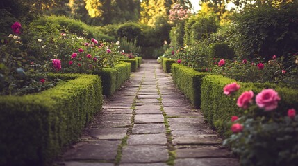 Walking Along Garden Path with Roses and Trimmed Hedges Outdoor