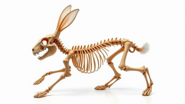 A detailed depiction of a rabbit skeleton system with exaggerated features, including large ears and sharp teeth.